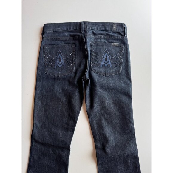 7 FOR ALL MANKIND Dark Rinse Embroidered Crystal "A" Pocket FlaredJeans, Size 27 - Picture 4 of 13